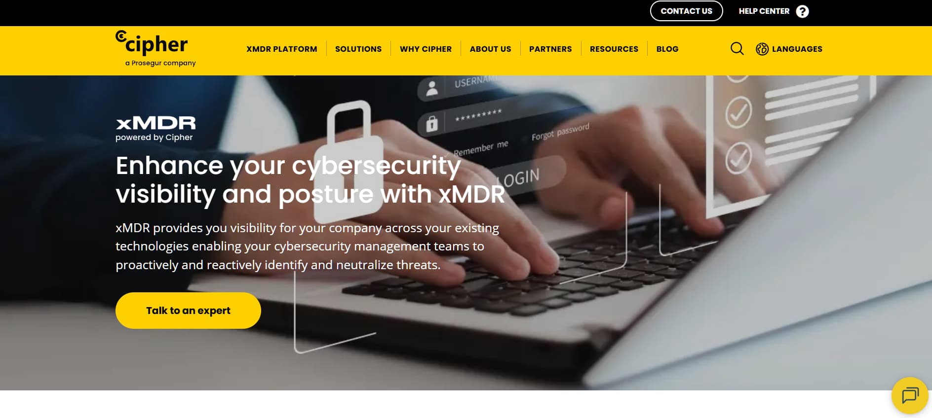 Alt text: Cybersecurity platform webpage showing a person typing on a laptop with security icons overlayed and the headline “Enhance your cybersecurity visibility and posture with xMDR.”