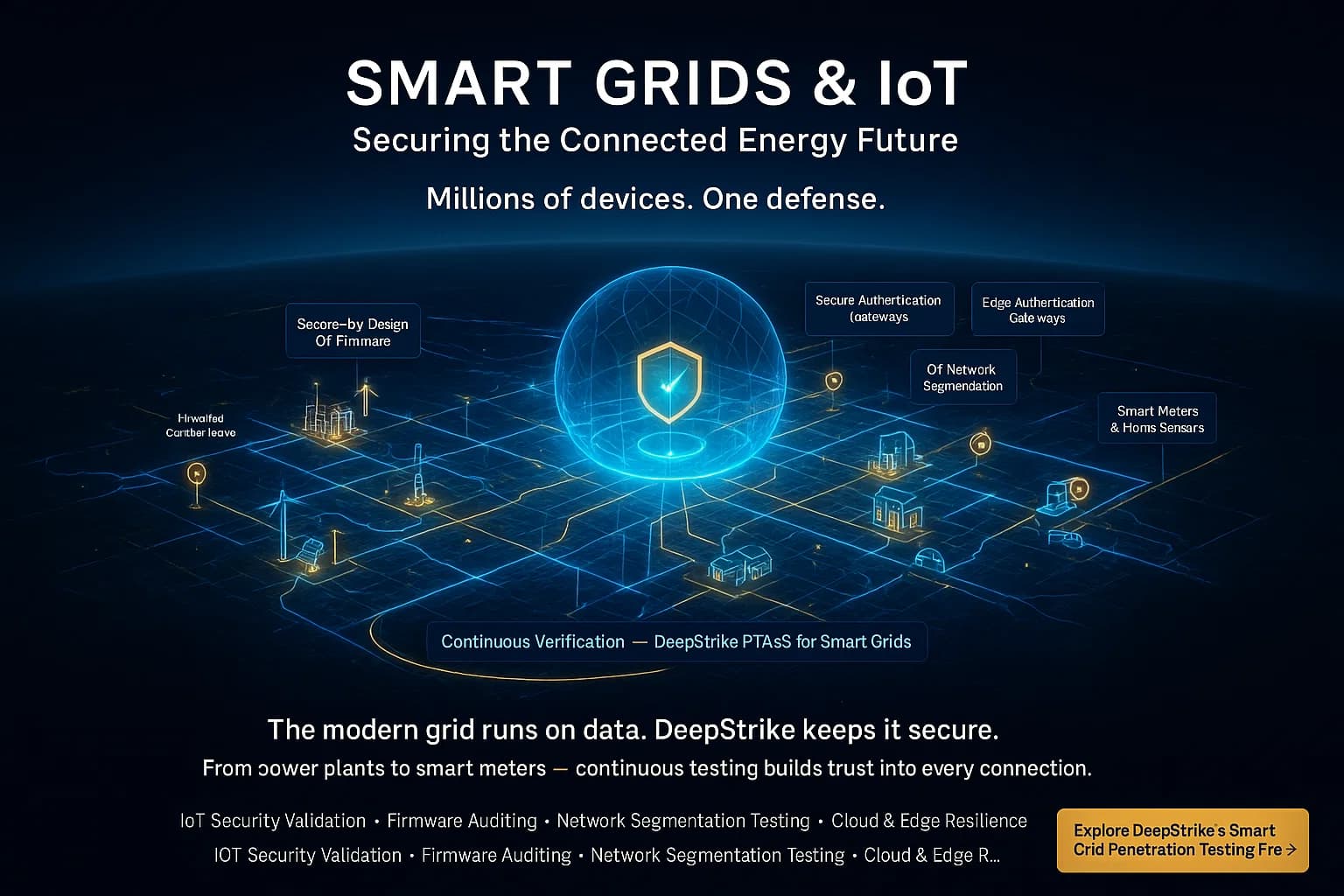 Digital illustration showing a holographic national power grid with IoT devices, renewables, and smart meters connected via blue-gold data lines, protected by DeepStrike’s central security shield and continuous penetration testing layer.
