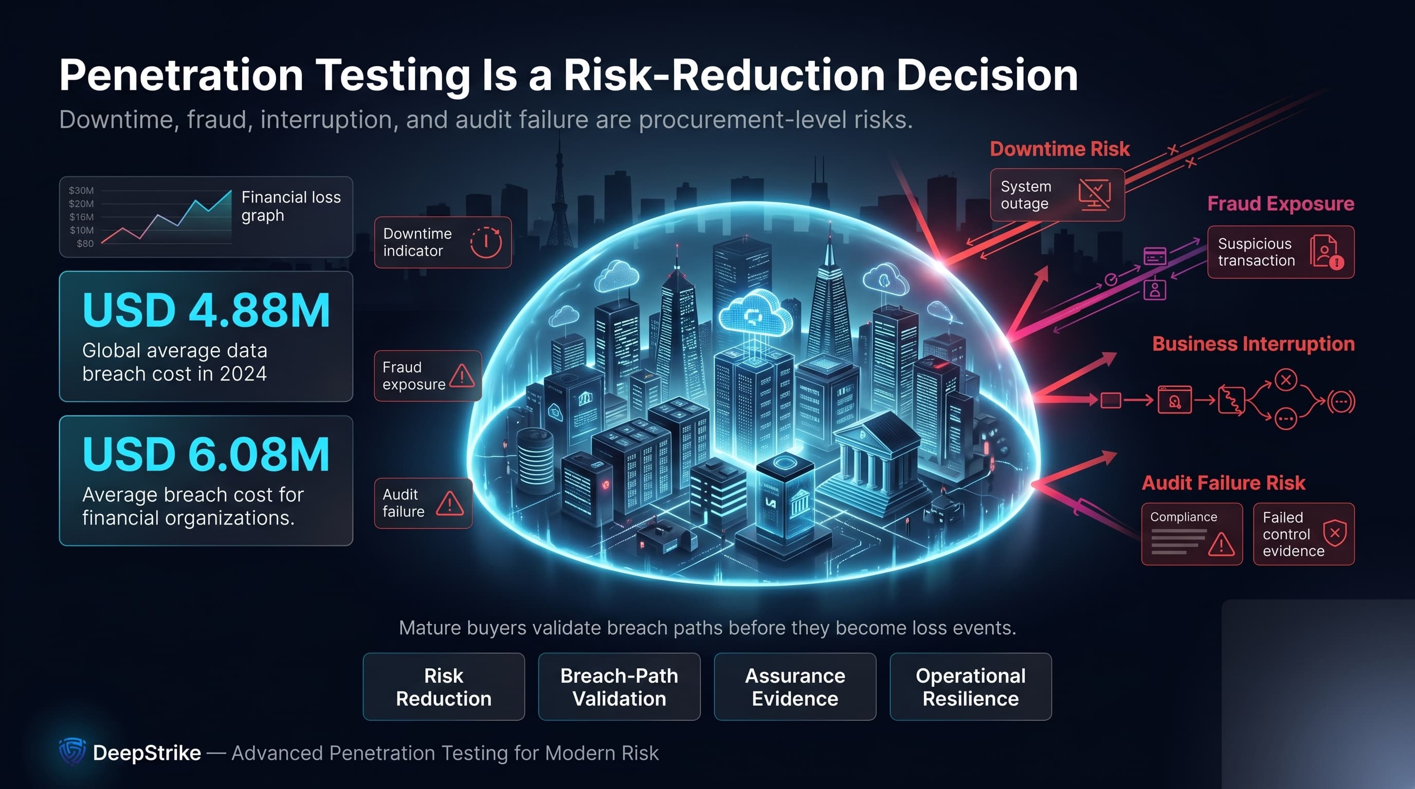 “A premium cybersecurity dashboard shows a futuristic Japanese enterprise and financial skyline protected by a glowing shield. Two breach-cost metrics, USD 4.88 million and USD 6.08 million, appear on the left. Risk paths for downtime, fraud exposure, business interruption, and audit failure approach the protected core, while the lower-right corner remains empty for watermark removal.”