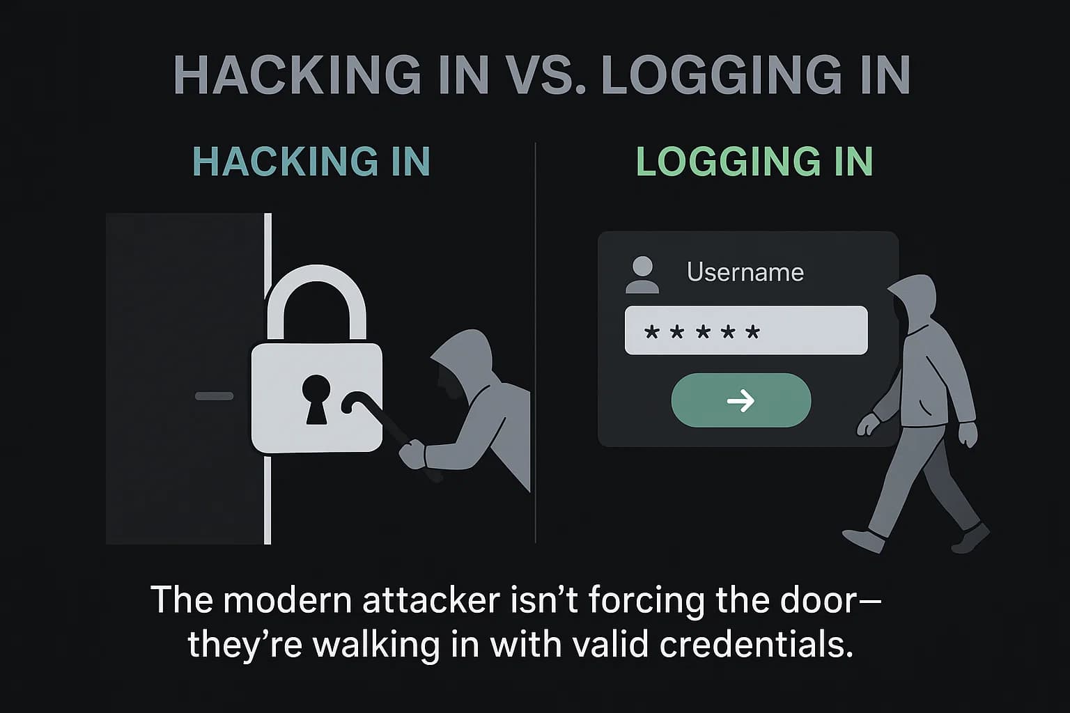 Dark-mode diagram contrasting brute-force hacking on one side with stealthy credential-based login on the other.