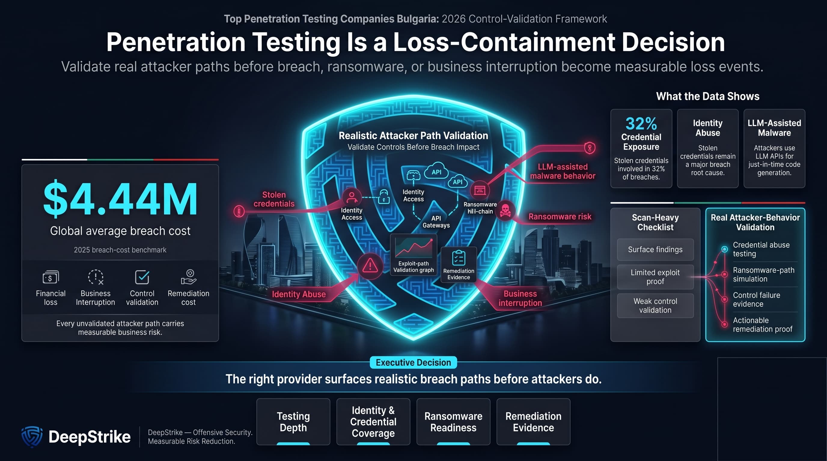 “A premium cybersecurity control-validation dashboard for Bulgaria shows a futuristic Sofia enterprise skyline protected by a glowing shield. A $4.44M global breach cost metric appears on the left, while stolen credentials, identity abuse, ransomware risk, and LLM-assisted malware attack paths approach from the right. The lower-right corner is intentionally empty for watermark removal.”