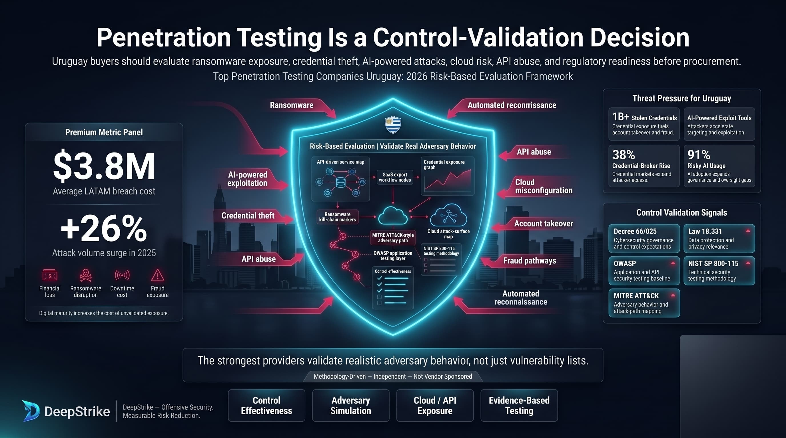 “A premium cybersecurity risk-based evaluation dashboard for Uruguay shows a futuristic Montevideo fintech, SaaS, banking, and API-driven digital economy protected by a glowing shield. A $3.8M breach cost and 26% attack volume surge appear on the left, while ransomware, AI-powered exploit tools, stolen credentials, credential-broker activity, risky AI usage, Decree 66/025, Law 18.331, OWASP, NIST SP 800-115, and MITRE ATT&CK signals appear on the right. The lower-right corner is intentionally empty for watermark removal.”