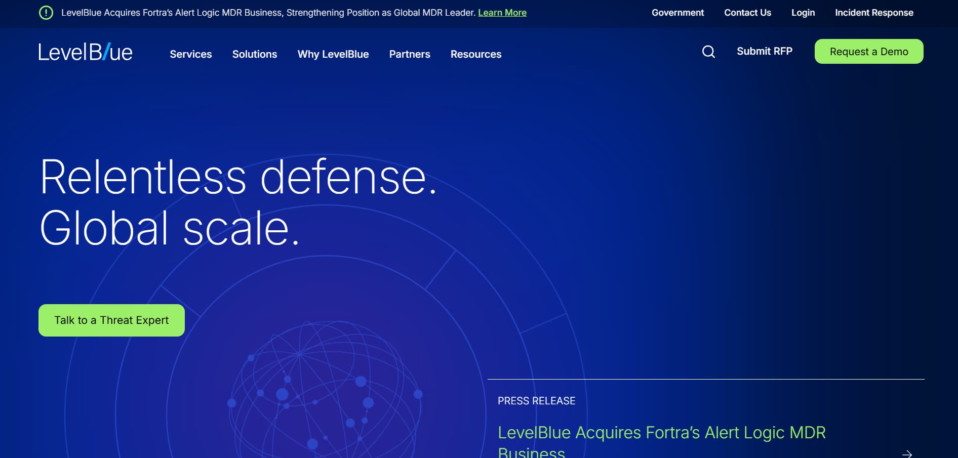 LevelBlue cybersecurity homepage banner with “Relentless defense. Global scale.” headline and threat expert CTA
