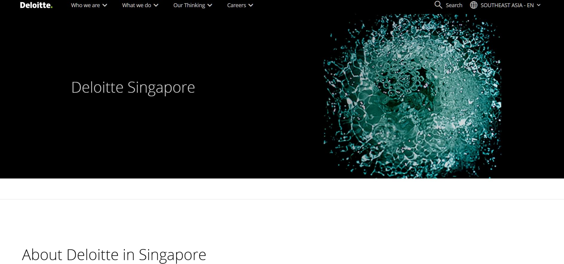 “Deloitte Singapore corporate website hero banner with abstract green digital sphere and black background”