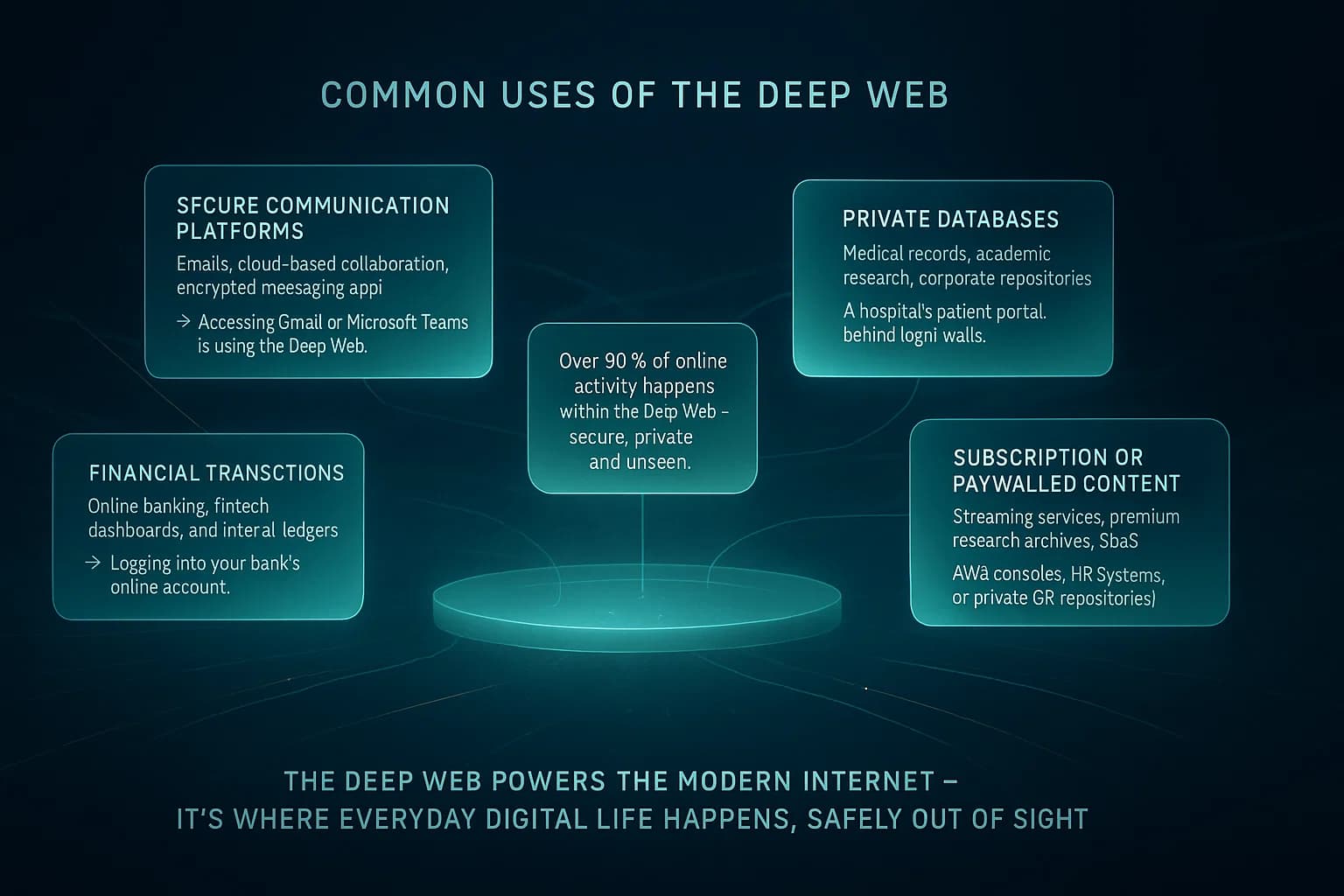 “The Deep Web isn’t dark or illegal — it’s simply private. Every time you log in, check your bank account, send an email, or access cloud data, you’re navigating the Deep Web. It’s the secure infrastructure behind modern life — invisible to search engines, but vital to everything we do online.”