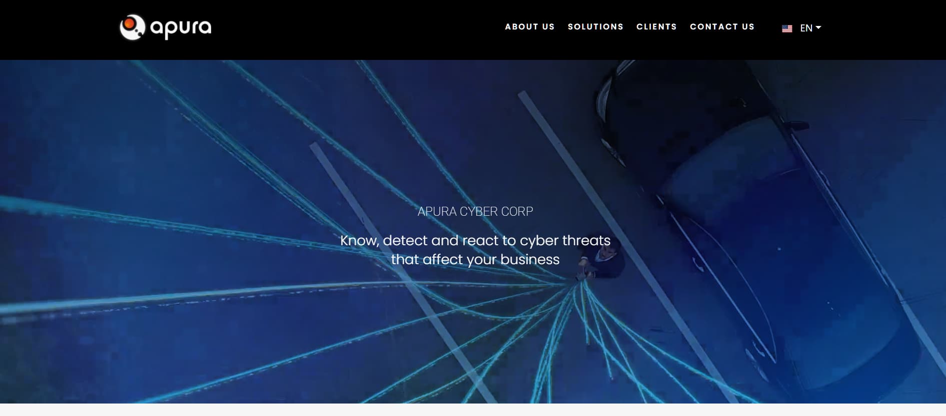 Alt text: Dark blue cybersecurity website with abstract network lines and the headline “Know, detect and react to cyber threats that affect your business.”