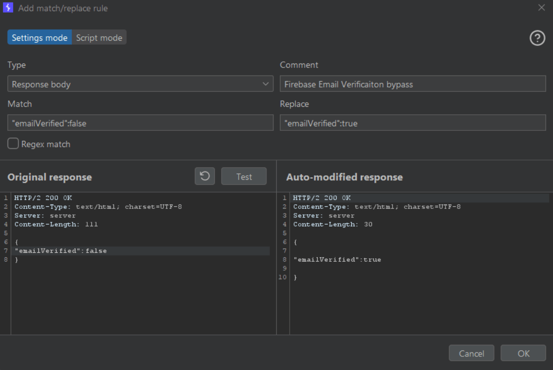 Burp Suite Match/Replace rule flipping emailVerified to true