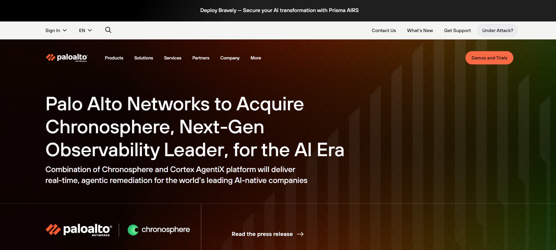 Website banner announcing Palo Alto Networks’ acquisition of Chronosphere to enhance next-generation observability for the AI era.