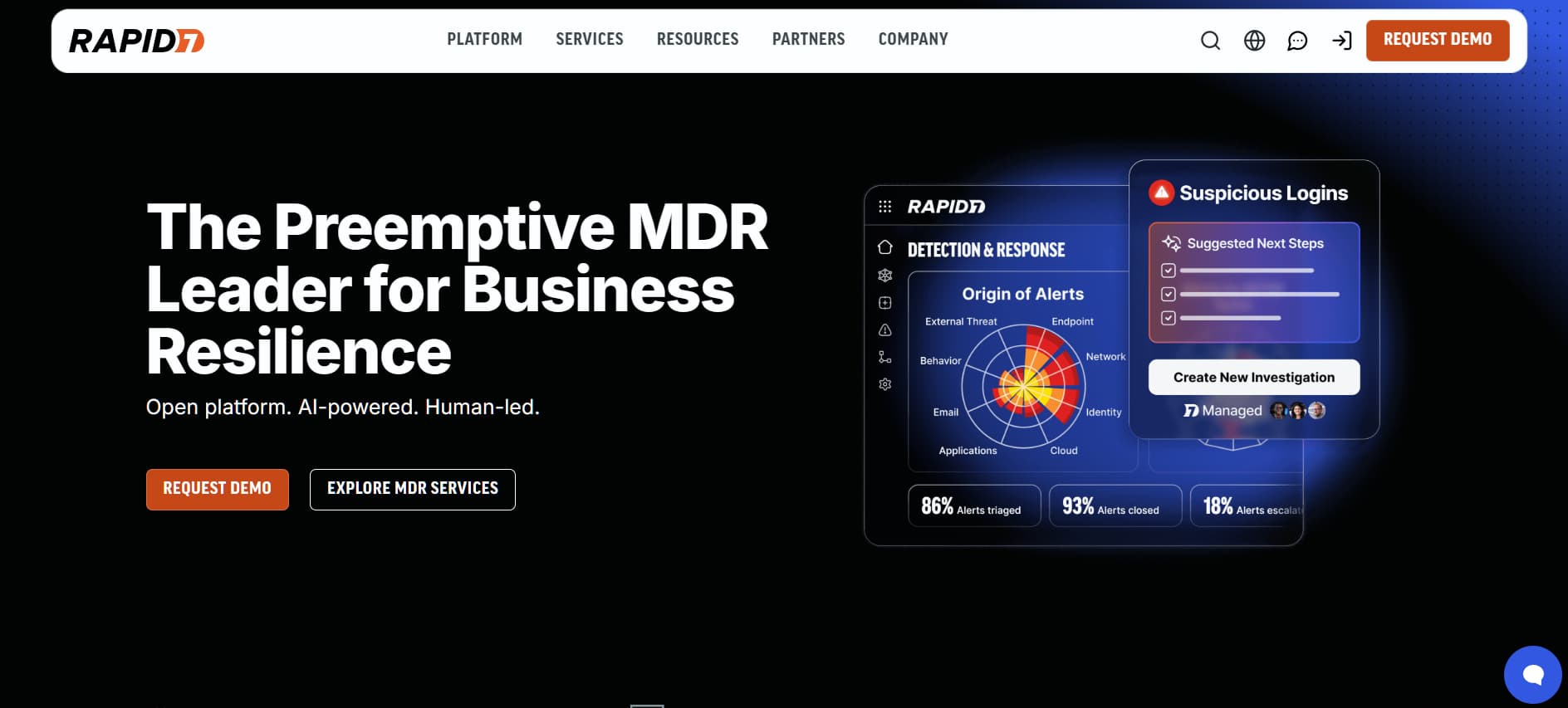 “Rapid7 homepage featuring the headline ‘The Preemptive MDR Leader for Business Resilience,’ with call-to-action buttons for requesting a demo and exploring MDR services, alongside a dashboard-style graphic showing security alerts, suspicious logins, and detection metrics.”