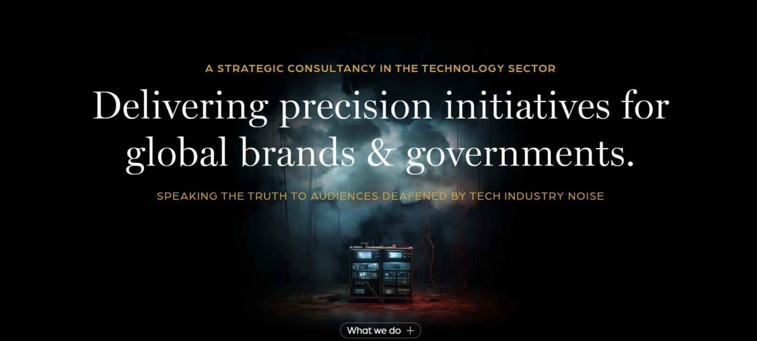 DarkMatter Group website with a dark background, glowing blue server rack, and the tagline “Delivering precision initiatives for global brands & governments