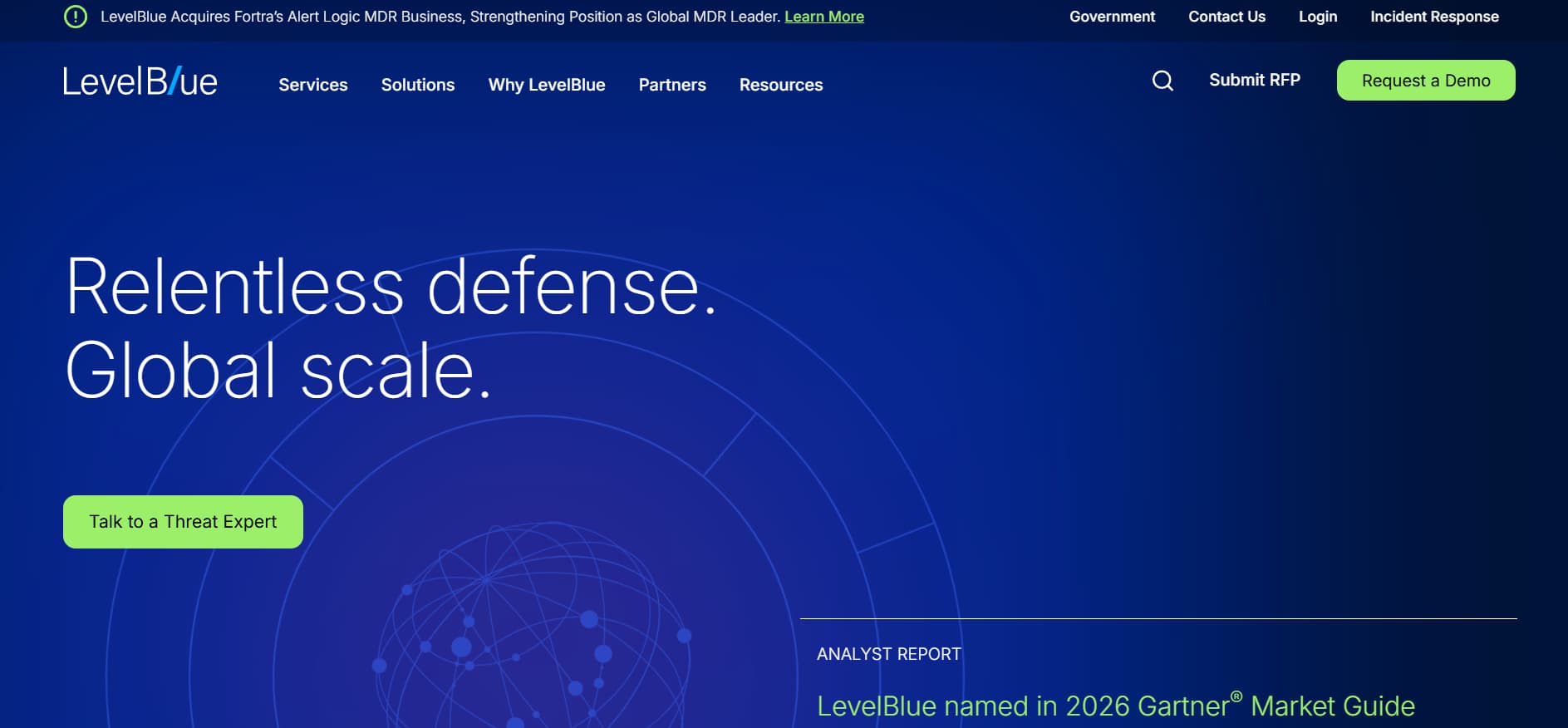 “LevelBlue homepage with blue gradient background and headline ‘Relentless defense. Global scale.’ featuring a ‘Talk to a Threat Expert’ button.”
