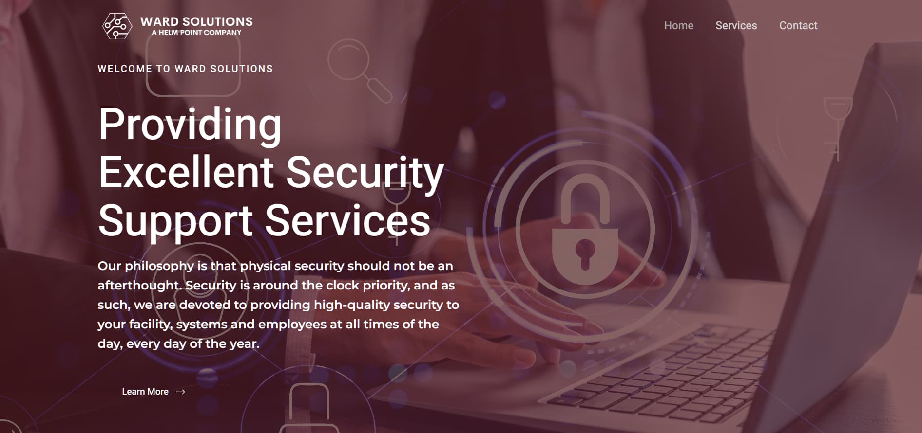 Warm red-tinted business background showing a person using a laptop, overlaid with lock and security graphics and the text “Providing Excellent Security Support Services.”