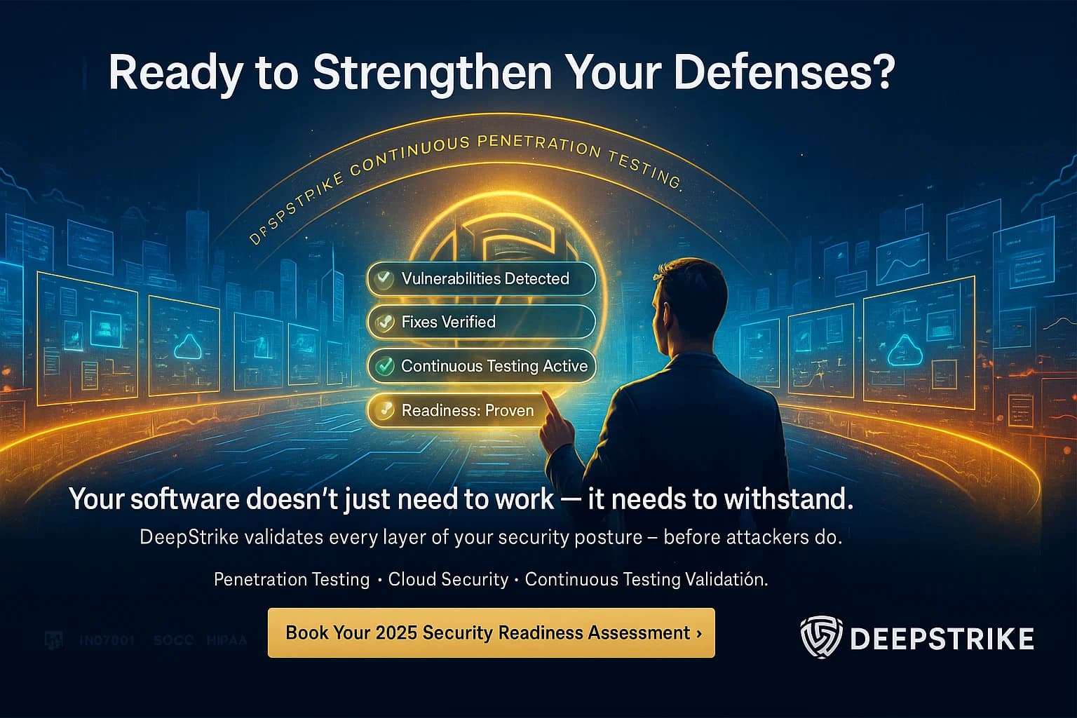Digital illustration of a cybersecurity expert activating a holographic defense sphere labeled with live penetration testing metrics, symbolizing DeepStrike’s continuous testing and readiness validation approach.