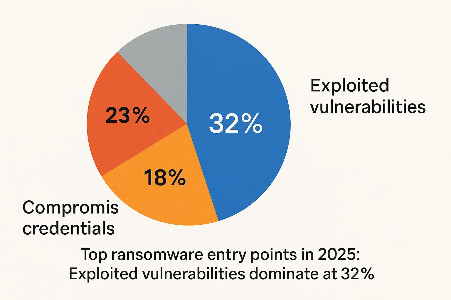 ie chart showing 2025 ransomware attack entry points: Exploited vulnerabilities 32%, Compromised credentials 23%, Phishing 18%, other causes making up the remainder.