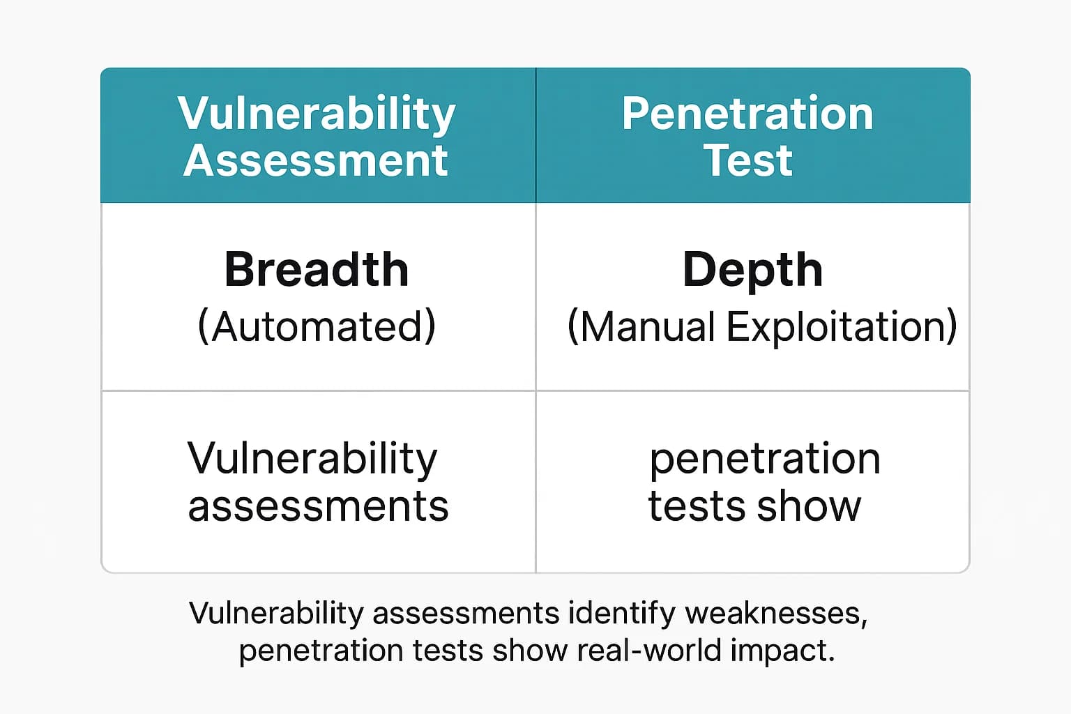 Diagram comparing vulnerability assessments (automated, breadth-focused) with penetration testing (manual, depth-focused).