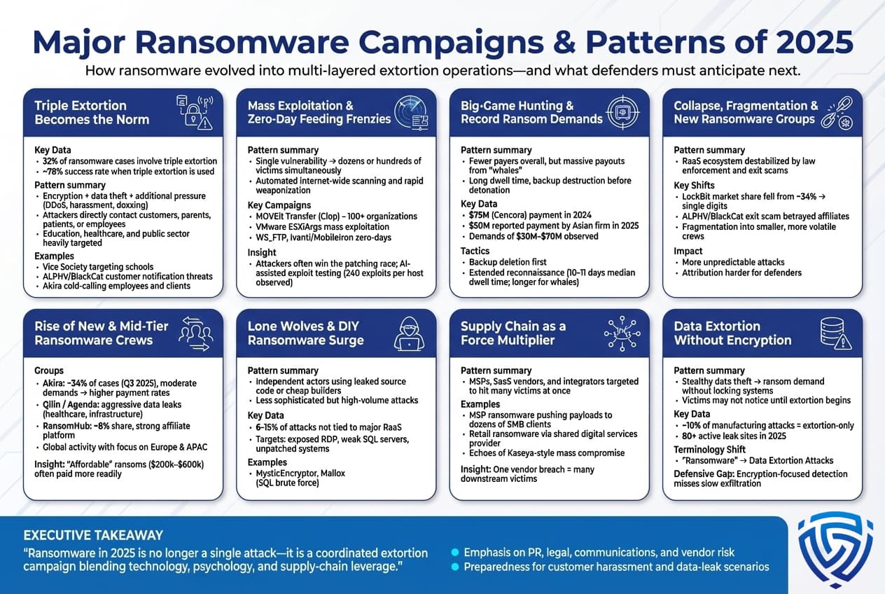 Infographic summarizing ransomware campaign patterns such as triple extortion, mass exploitation of vulnerabilities, high-value “big game hunting,” ecosystem fragmentation, growth of mid-tier and lone-actor groups, supply-chain attacks, and data extortion without encryption.