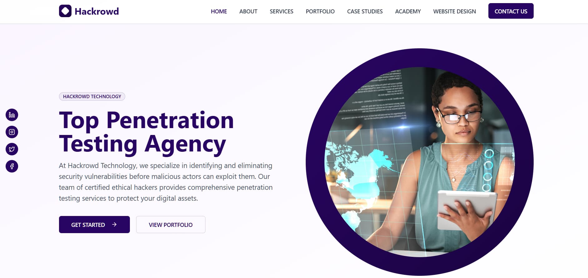 Hackrowd penetration testing agency homepage with cybersecurity analyst using tablet and global data interface illustration.