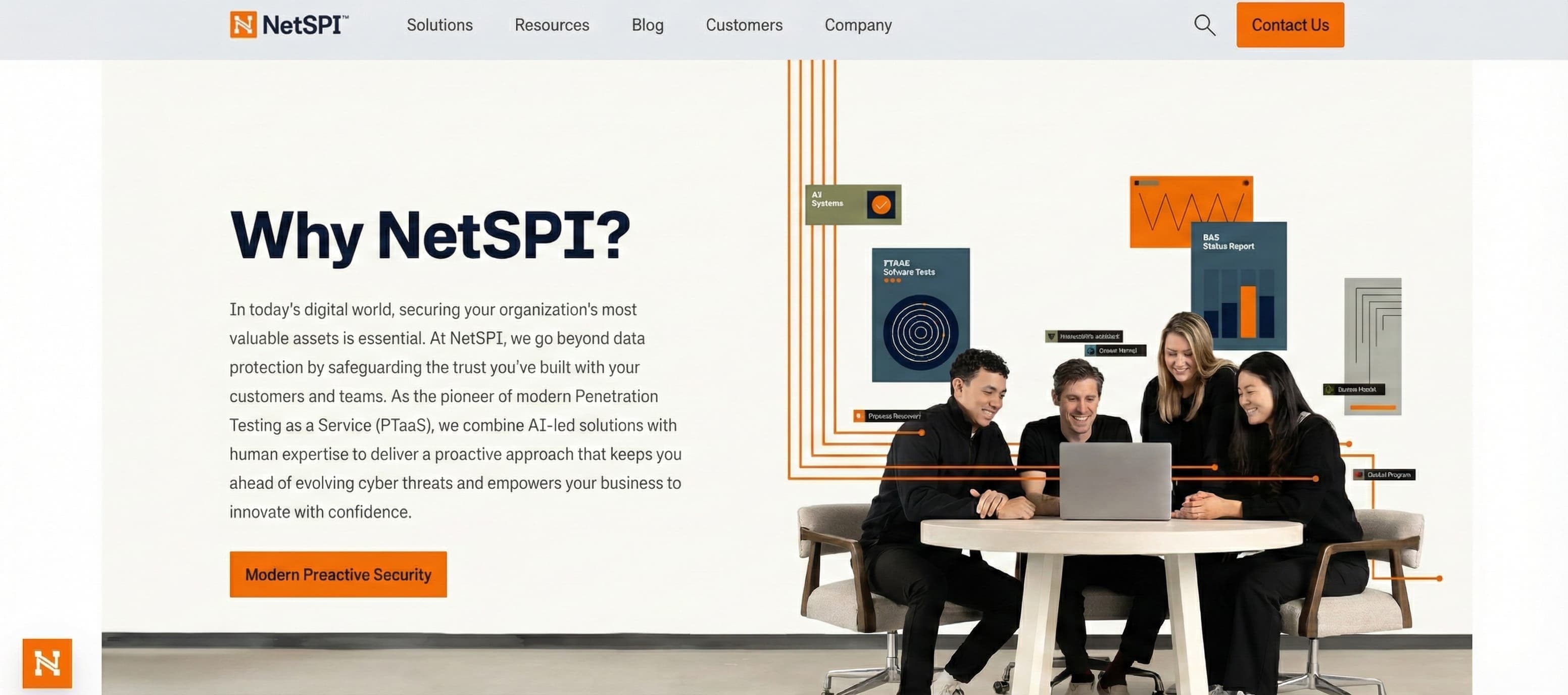 “NetSPI homepage section titled ‘Why NetSPI?’ showing four professionals collaborating around a laptop, with security diagrams and data visuals in the background.”