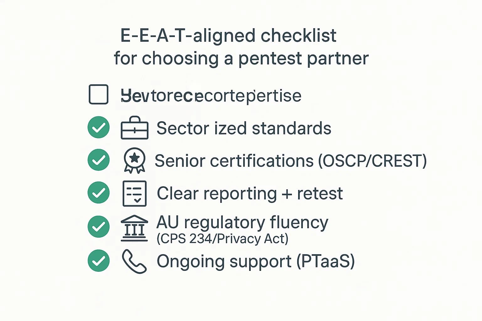 Checklist of six selection factors including industry experience, standards adherence, senior certs, reporting, AU regulations, and follow-up support.”