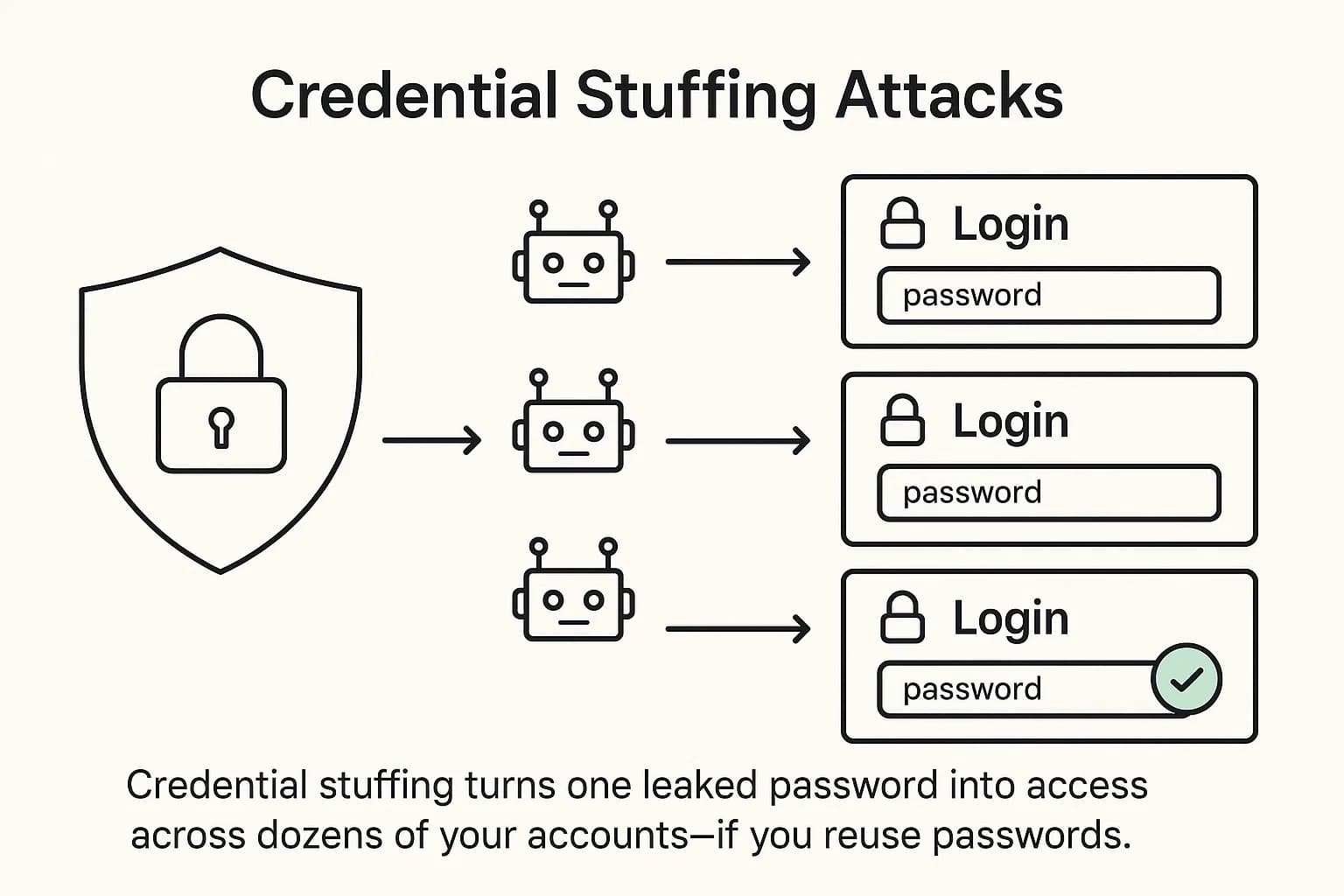 Diagram showing a stolen credential being used in automated login attempts across various sites, demonstrating how reused passwords result in account takeovers.