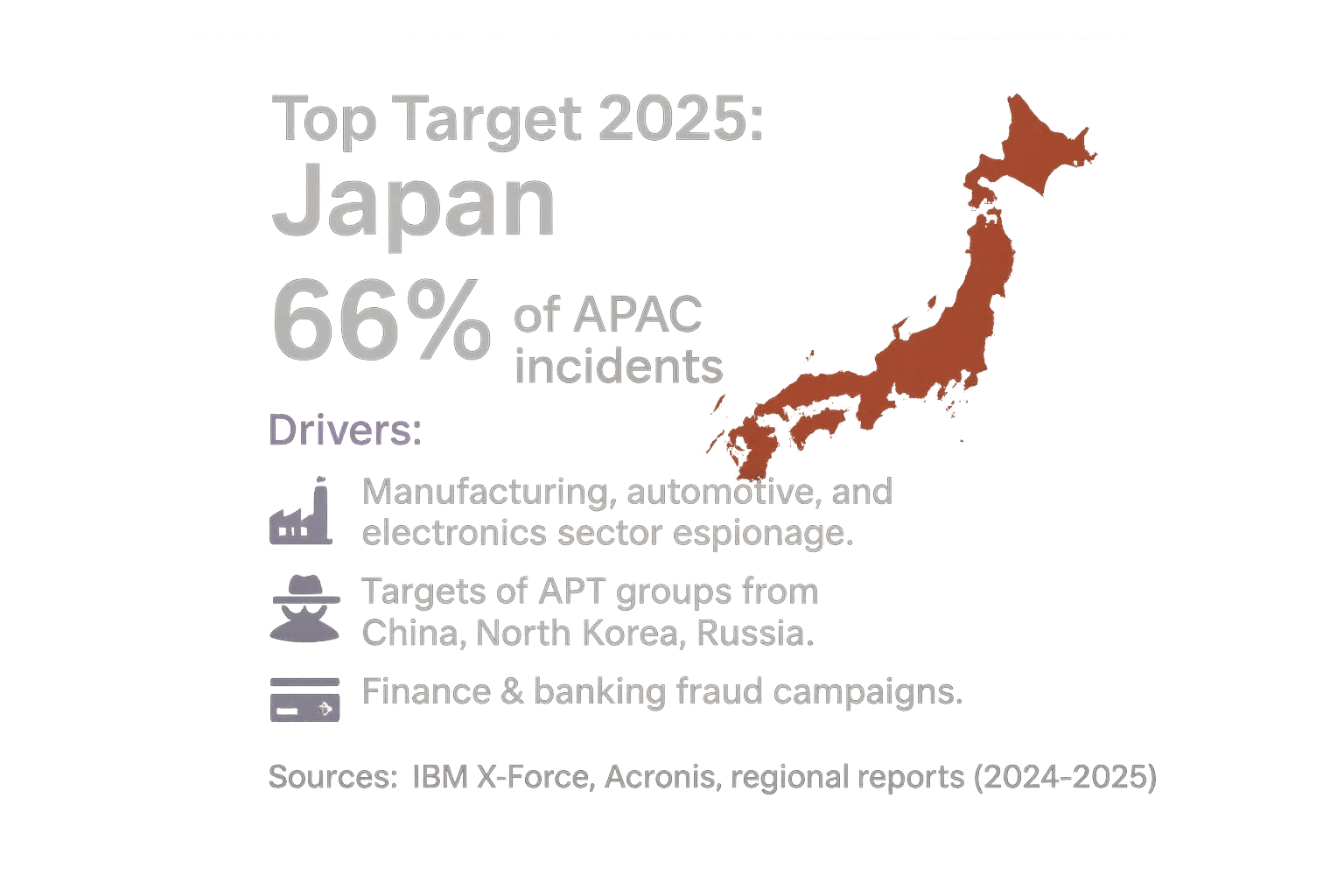 Dark infographic card for Japan showing 66% of APAC incidents with icons for manufacturing espionage, APT targeting, and banking fraud.