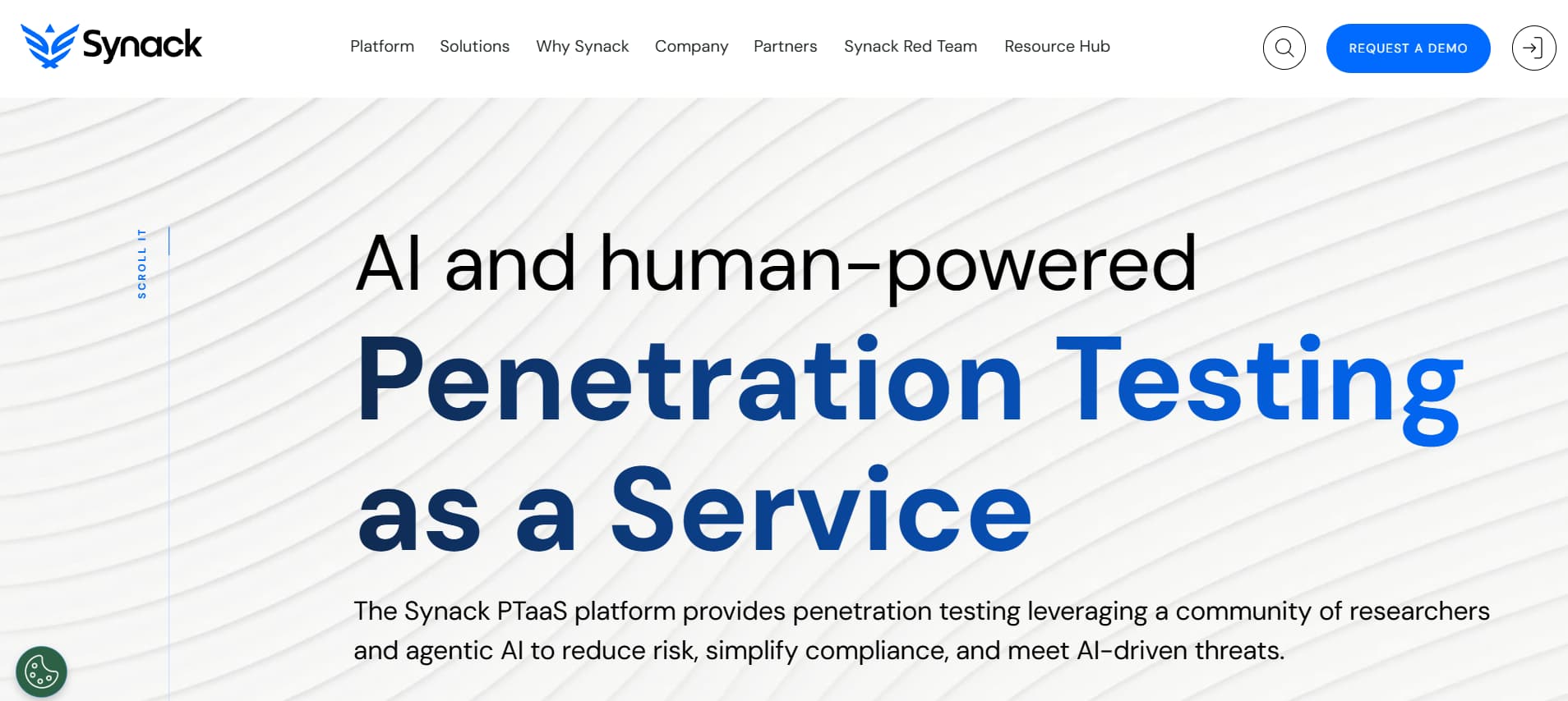 “Synack homepage banner with the headline ‘AI and human-powered Penetration Testing as a Service’ on a light, wave-pattern background.”