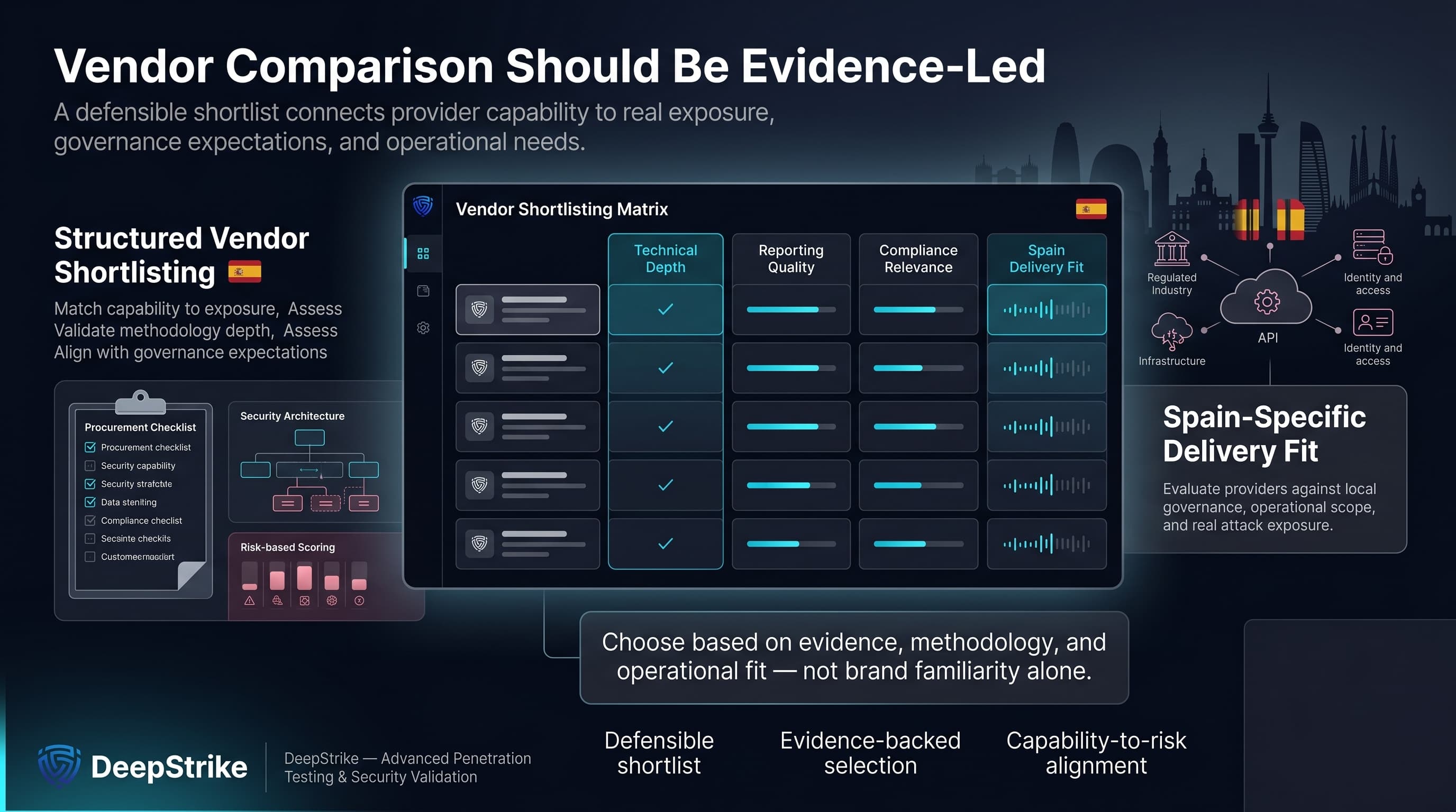 “A premium cybersecurity vendor comparison dashboard shows structured evaluation criteria for penetration testing companies in Spain, including technical depth, reporting quality, compliance relevance, and delivery fit. The DeepStrike logo appears isolated in the lower-left corner, while the lower-right corner is left empty for watermark-safe cleanup.”