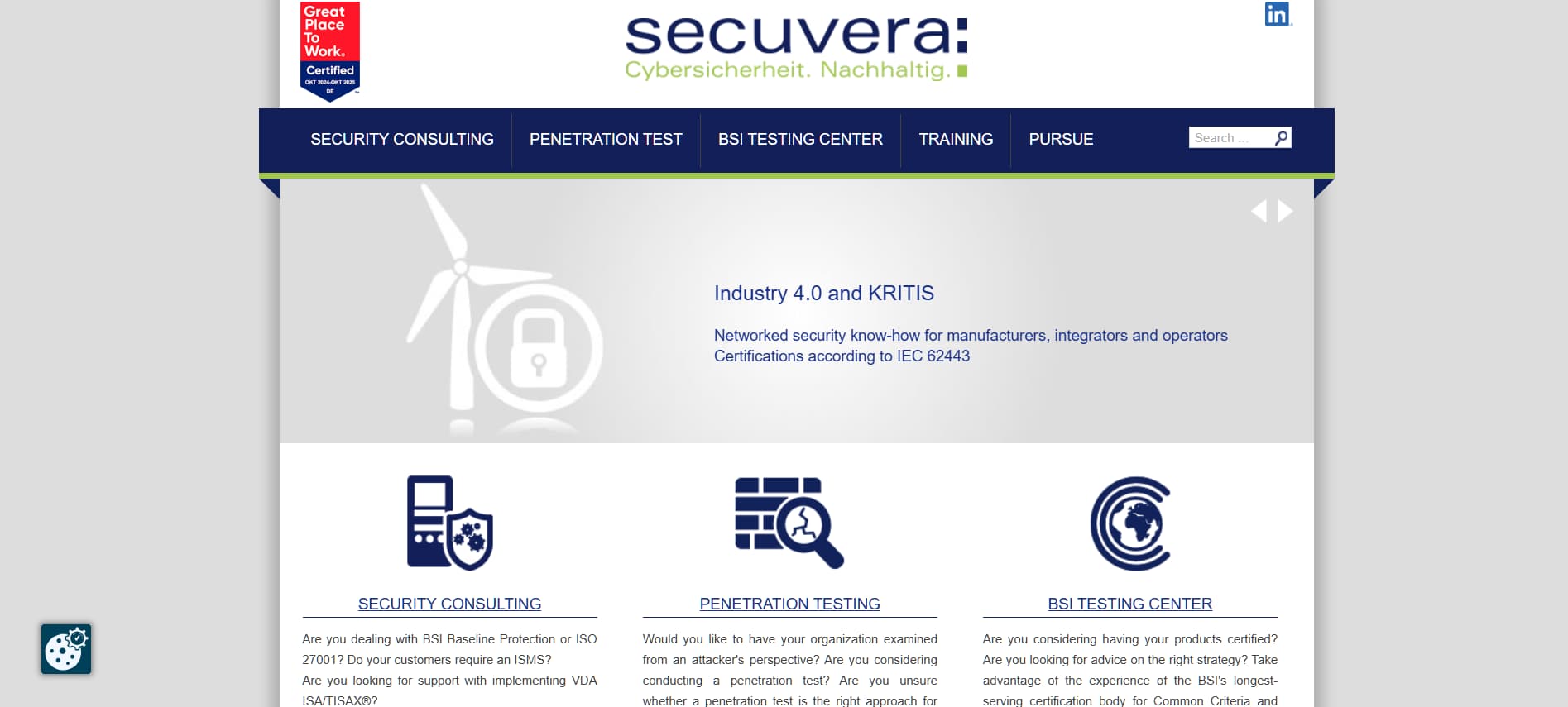 "Secuvera homepage featuring penetration testing, BSI-certified security consulting, and Industry 4.0 cybersecurity solutions for critical infrastructure in Germany."
