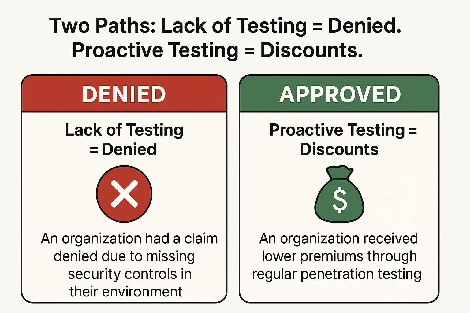 Visual cards comparing case studies where one organization had a claim denied due to missing controls, and another received lower premiums through pen testing