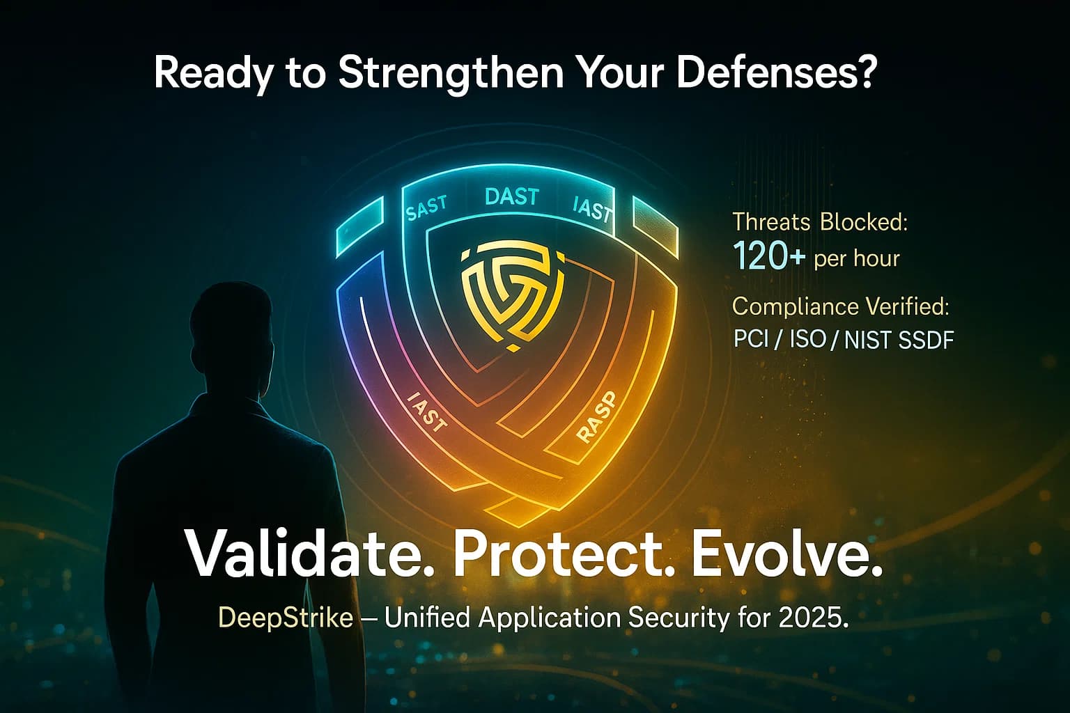 Digital illustration of a cybersecurity professional facing a glowing holographic shield labeled SAST, DAST, IAST, and RASP, representing unified defense through DeepStrike’s security testing services.