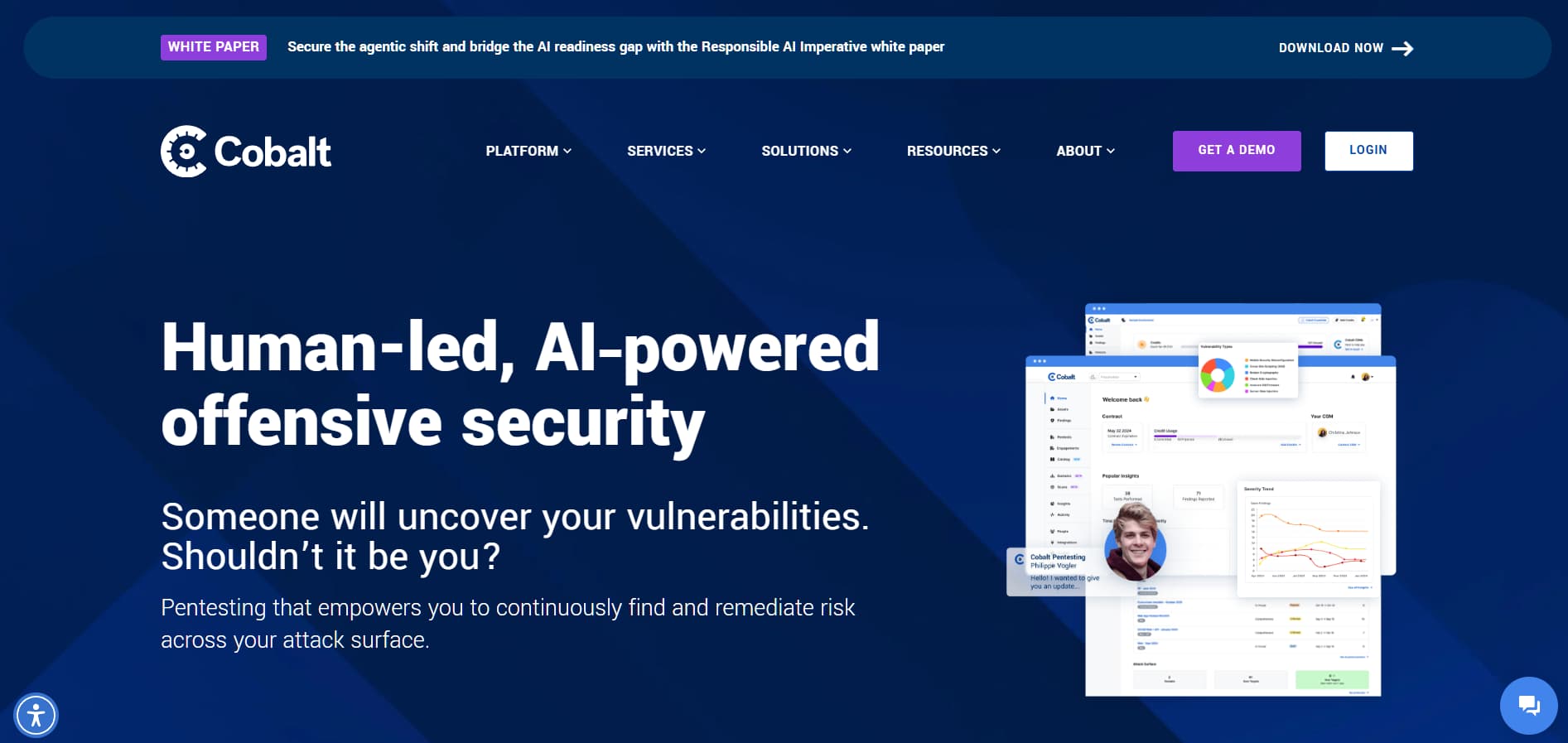 Cobalt pentesting platform interface demonstrating human-led AI-powered penetration testing and vulnerability management