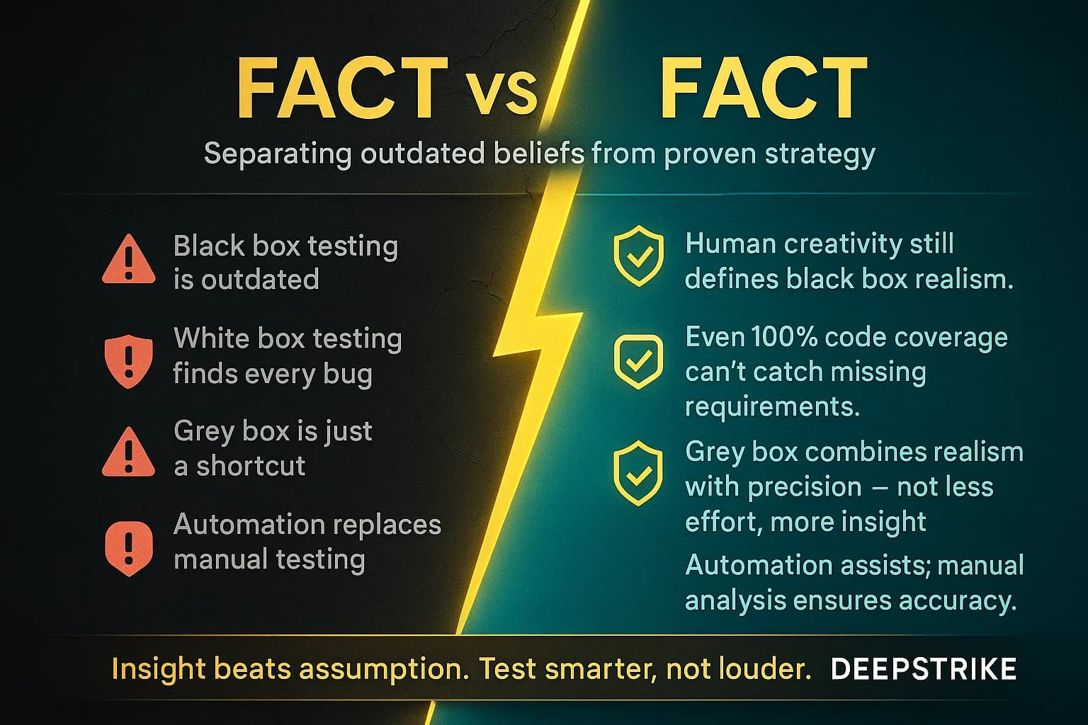 “Split-screen infographic contrasting myths about software testing on the dark side with factual corrections on the illuminated side, separated by a gold lightning bolt symbolizing truth cutting through misconceptions.”