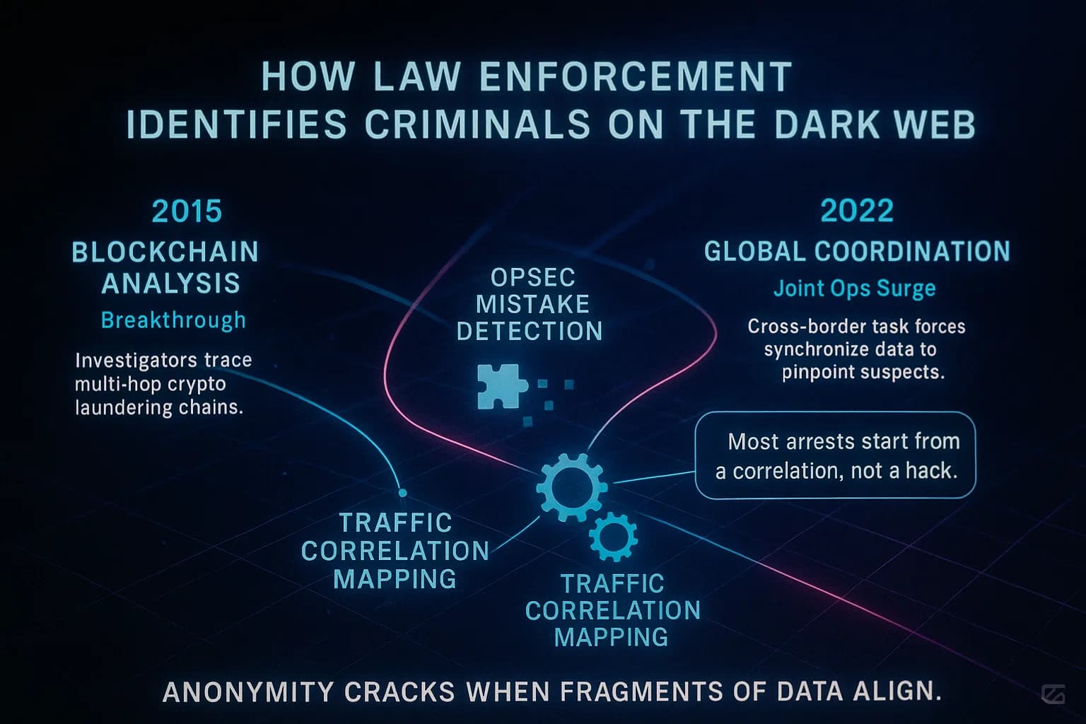 “A glowing, futuristic network map shows how law enforcement connects small data fragments—crypto flows, timing patterns, and human mistakes—to identify criminals on the dark web. Animated lines trace signals through layered grids as forensic icons highlight investigative techniques.”