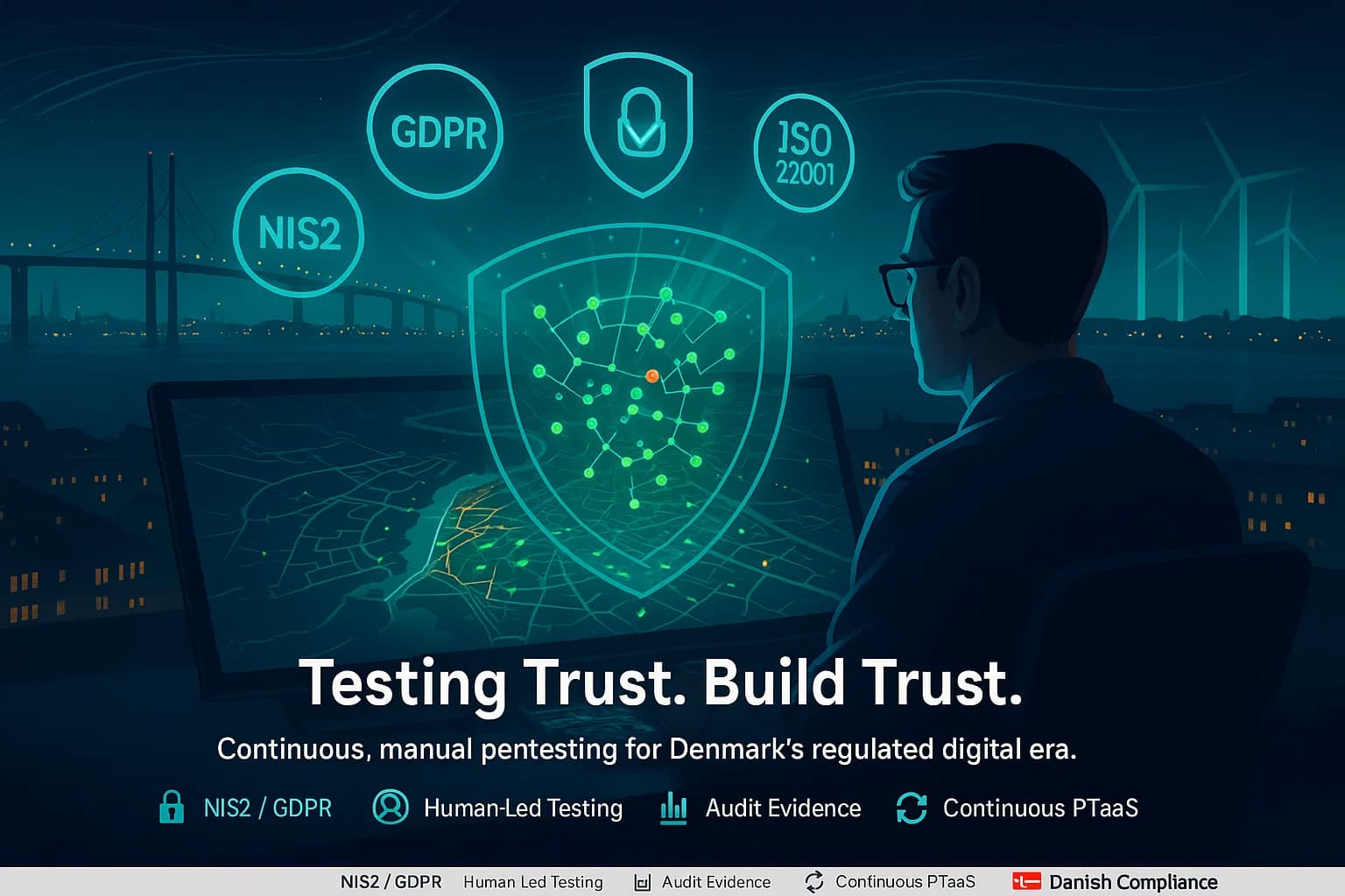 “Cybersecurity analyst examining holographic pentesting results over Copenhagen with NIS2 and GDPR icons, representing Denmark’s compliance-driven digital-security landscape in 2025.”