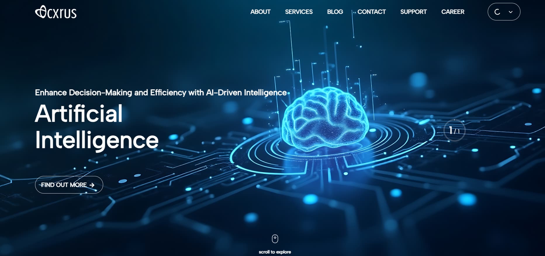 Alt: “Cxrus AI solutions homepage with glowing digital brain illustration and ‘Artificial Intelligence’ headline on dark tech background.”