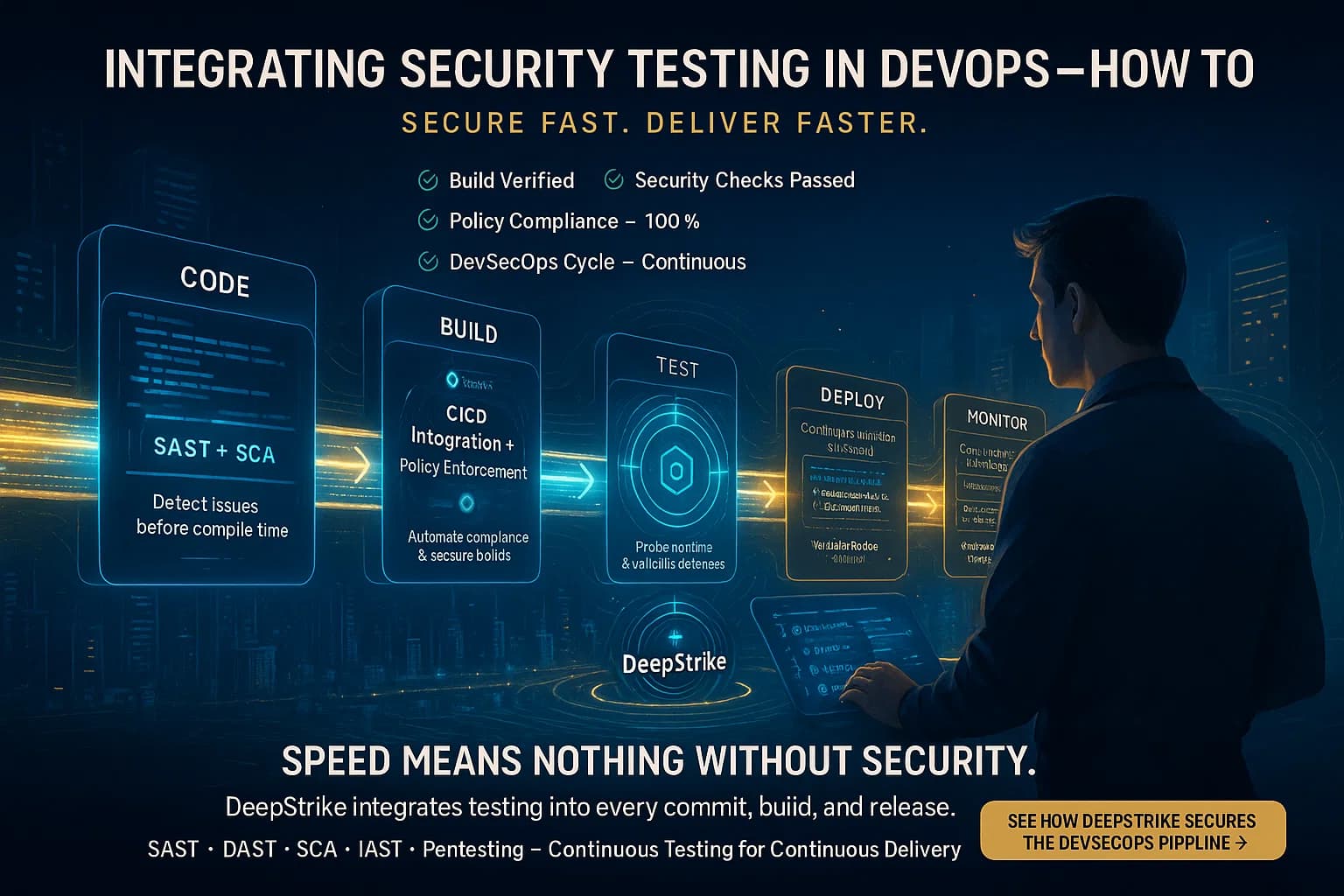 Digital illustration of a DevSecOps engineer monitoring a holographic software pipeline labeled with testing stages — SAST, DAST, IAST, SCA, and Pentesting — representing DeepStrike’s integration of security across continuous delivery.