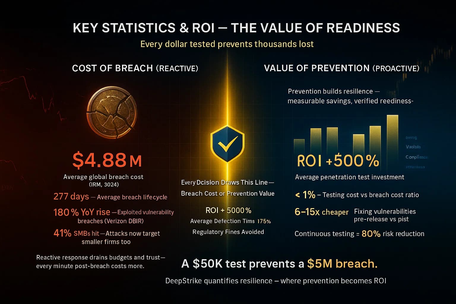 Digital illustration of a split financial dashboard showing red breach loss metrics on the left and gold-blue testing ROI metrics on the right, converging at a glowing DeepStrike logo symbolizing prevention value.