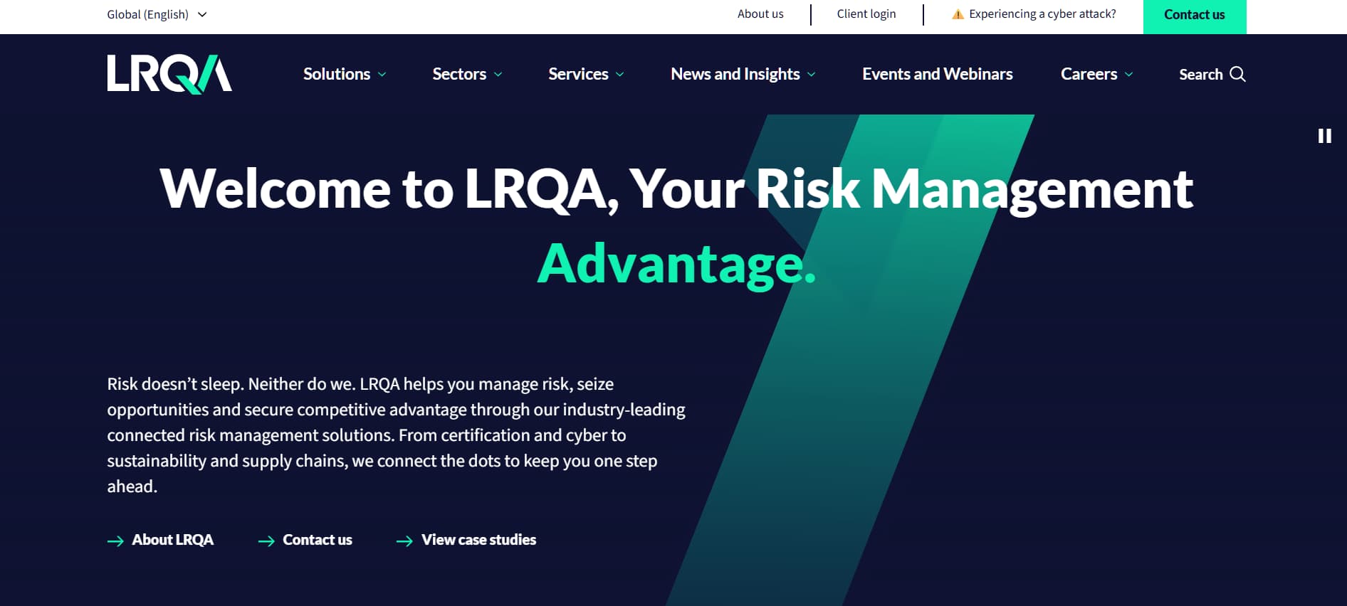 Website hero welcoming users to LRQA, promoting connected risk management solutions across cyber, certification, and supply chains.