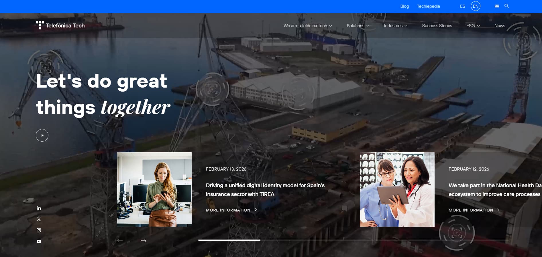 Telefónica Tech website hero featuring industrial port infrastructure aerial view and “Let’s do great things together” slogan