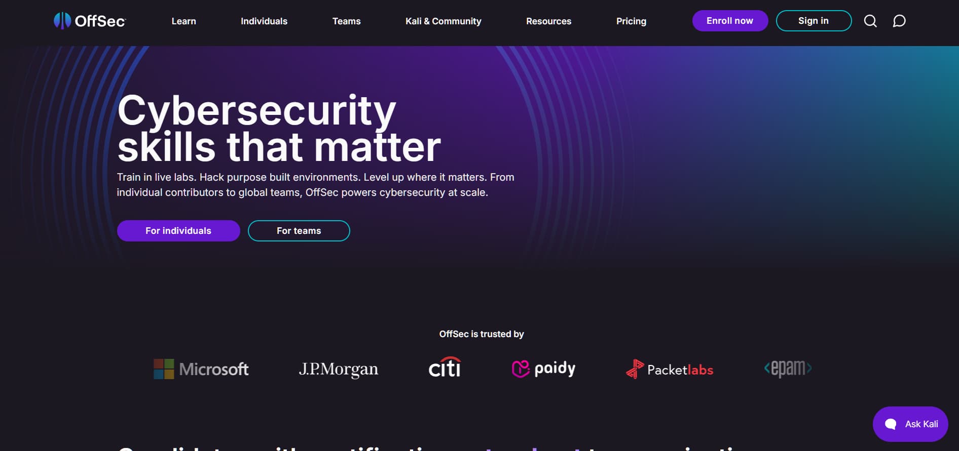 “OffSec homepage with purple gradient background and headline ‘Cybersecurity skills that matter’ promoting training for individuals and teams.”