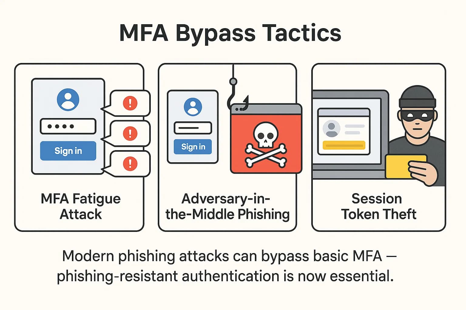 Infographic showing MFA fatigue, adversary-in-the-middle, and session token theft techniques used in phishing attacks.