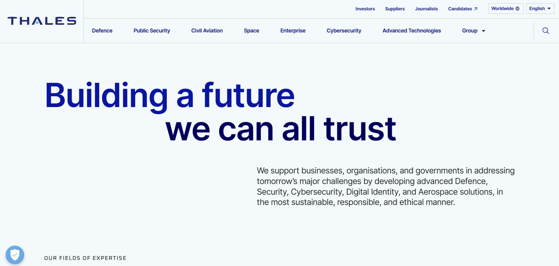 Thales corporate website hero with “Building a future we can all trust” headline and enterprise technology branding