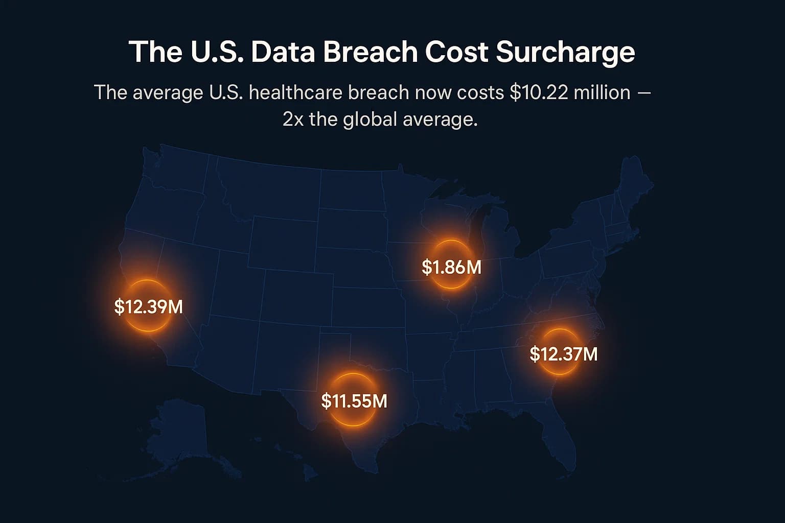 Non-transparent U.S. map with cost indicators and glowing highlights on California, Texas, NY, etc.