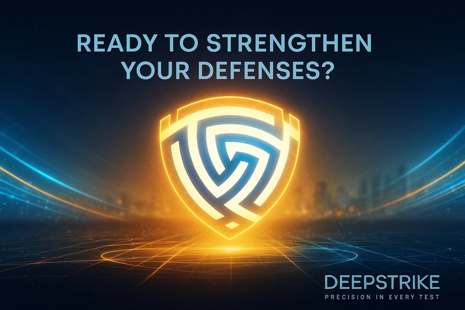 A hero sequence / immersive cinematic visualization — blending elements of a digital shield formation and energy convergence, as glowing streams of data (blue for external, amber for internal) merge into a unified force field around a central DeepStrike emblem.