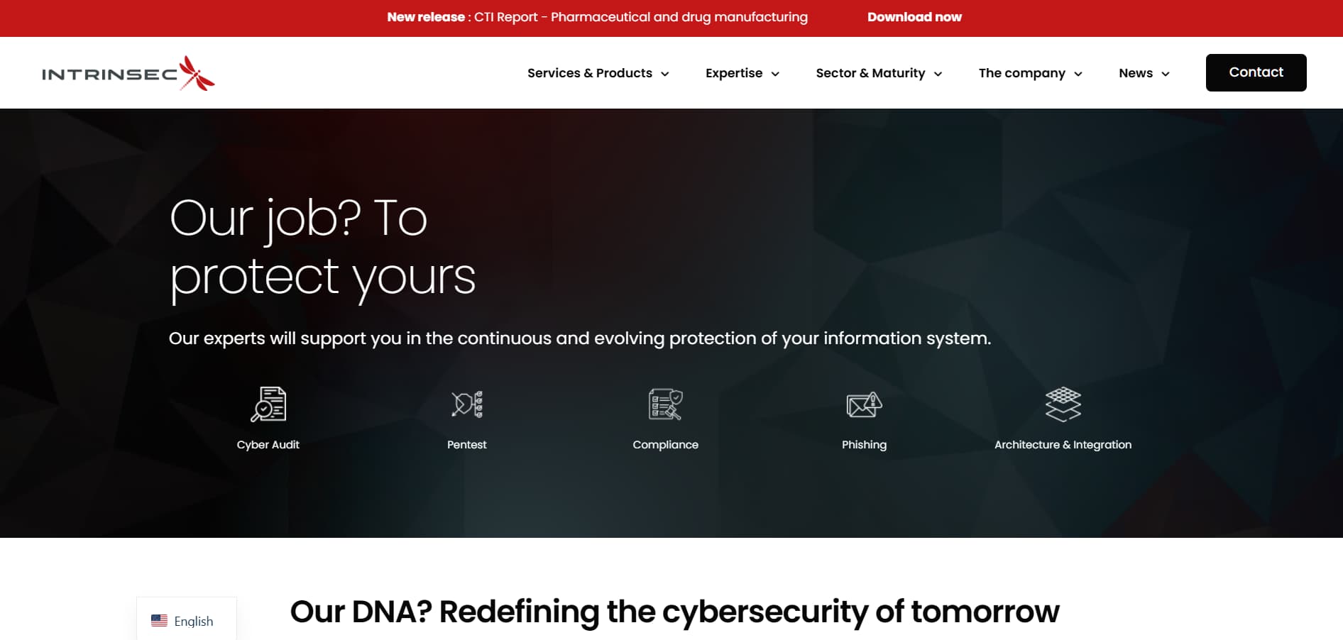 Alt text: Corporate cybersecurity webpage with the headline “Our job? To protect yours,” displaying icons for cyber audit, pentest, compliance, phishing, and architecture and integration services.
