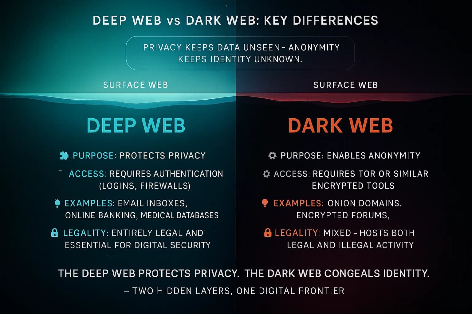 “Beneath the surface web lie two hidden worlds. The Deep Web — vast, private, and essential — stores our data behind secure logins. The Dark Web — smaller, encrypted, and anonymous — hides identities and communications within layers of encryption. Both exist beyond search engines, but their purposes couldn’t be more different.”