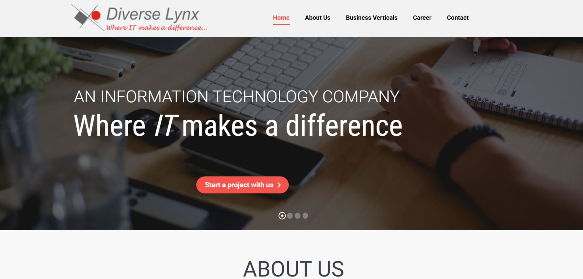 Diverse Lynx IT services website hero banner with workspace desk, laptop, and “Where IT makes a difference” headline
