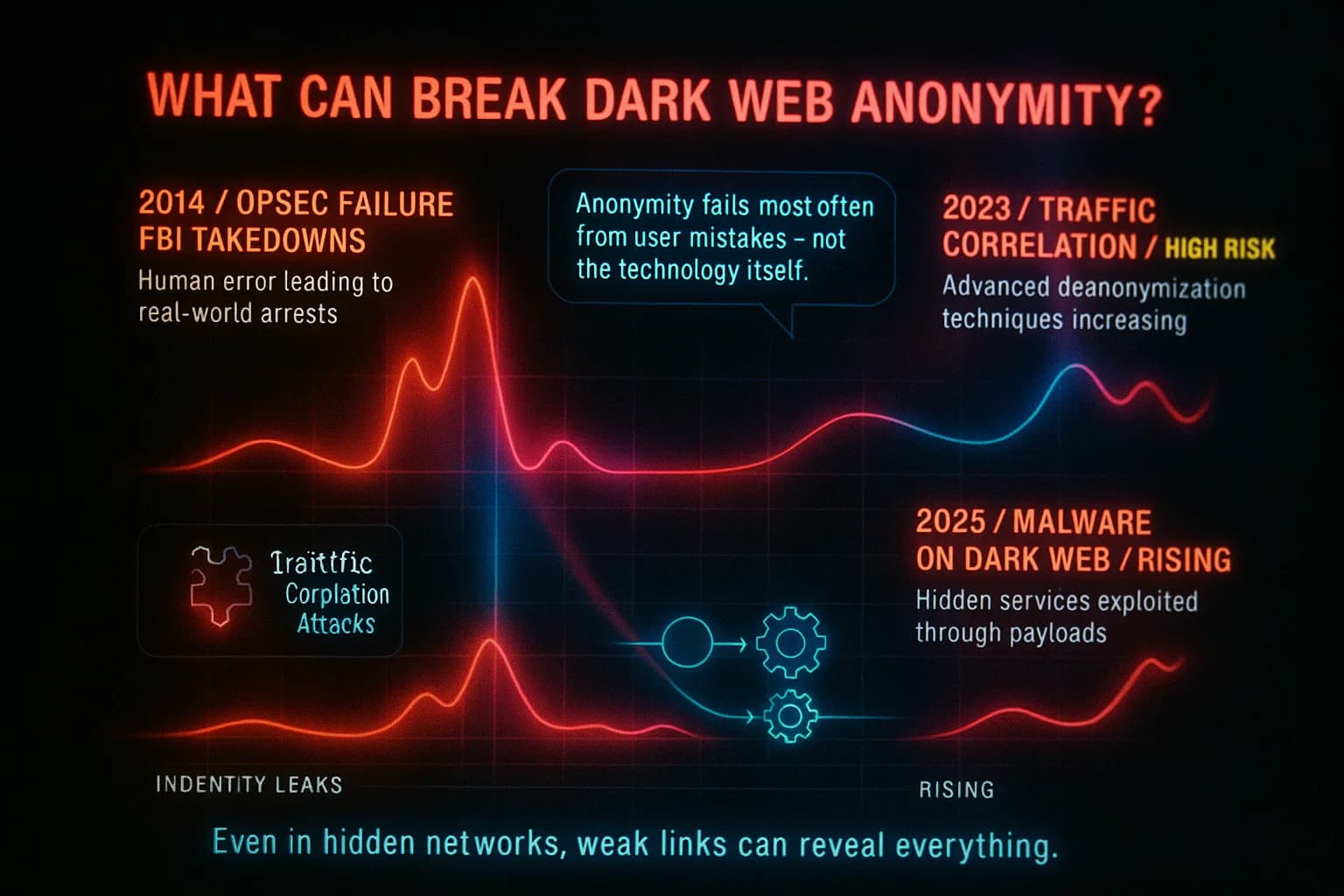 “ALT TEXT: A neon-lit threat analysis visualization shows how OPSEC mistakes, malware, and traffic correlation attacks can reveal identities on the dark web. Animated nodes, scanning beams, and risk indicators depict the points where anonymity breaks.”