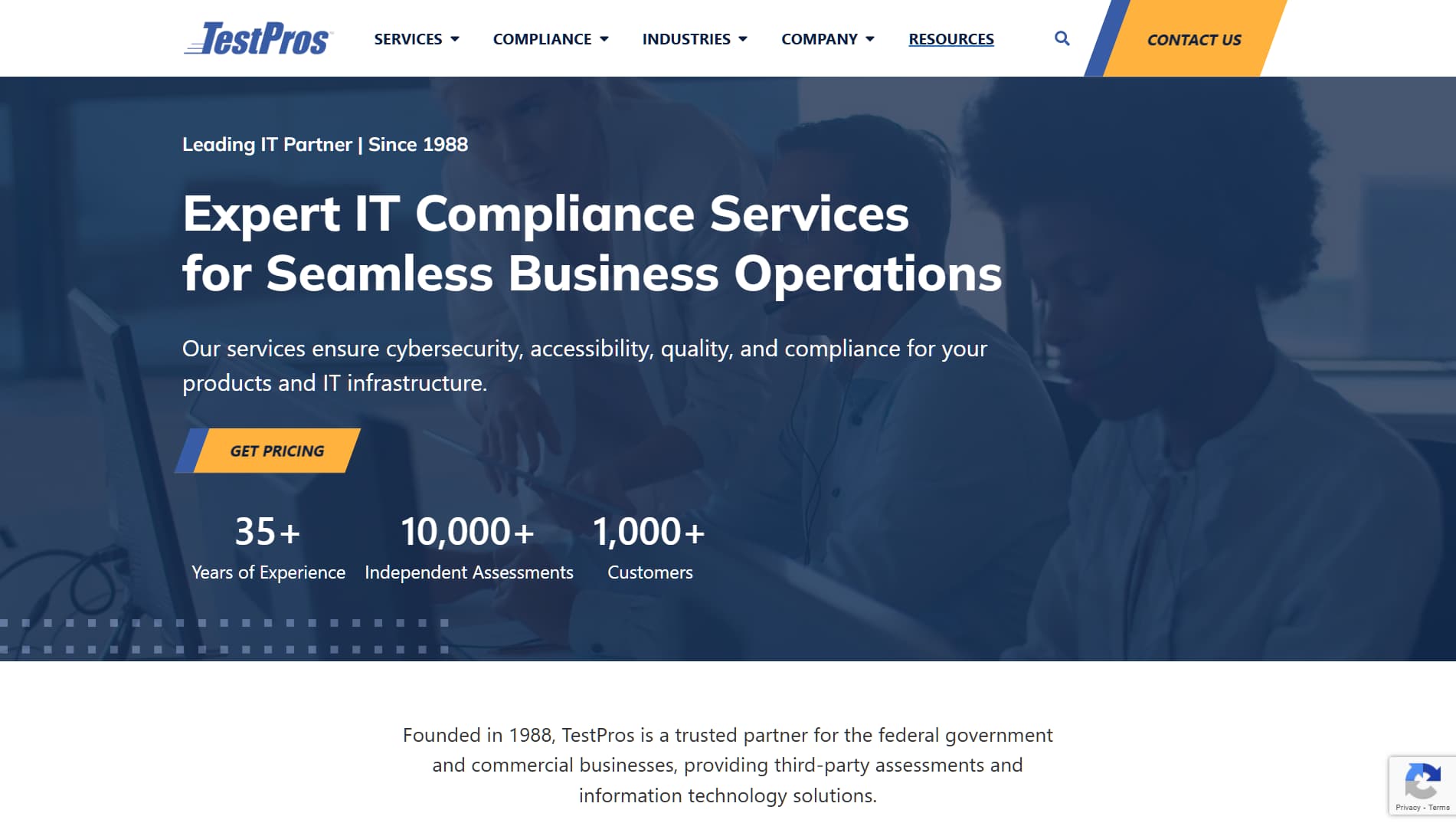 Website banner for TestPros featuring a professional team meeting, with text highlighting over 35 years of IT compliance and cybersecurity services